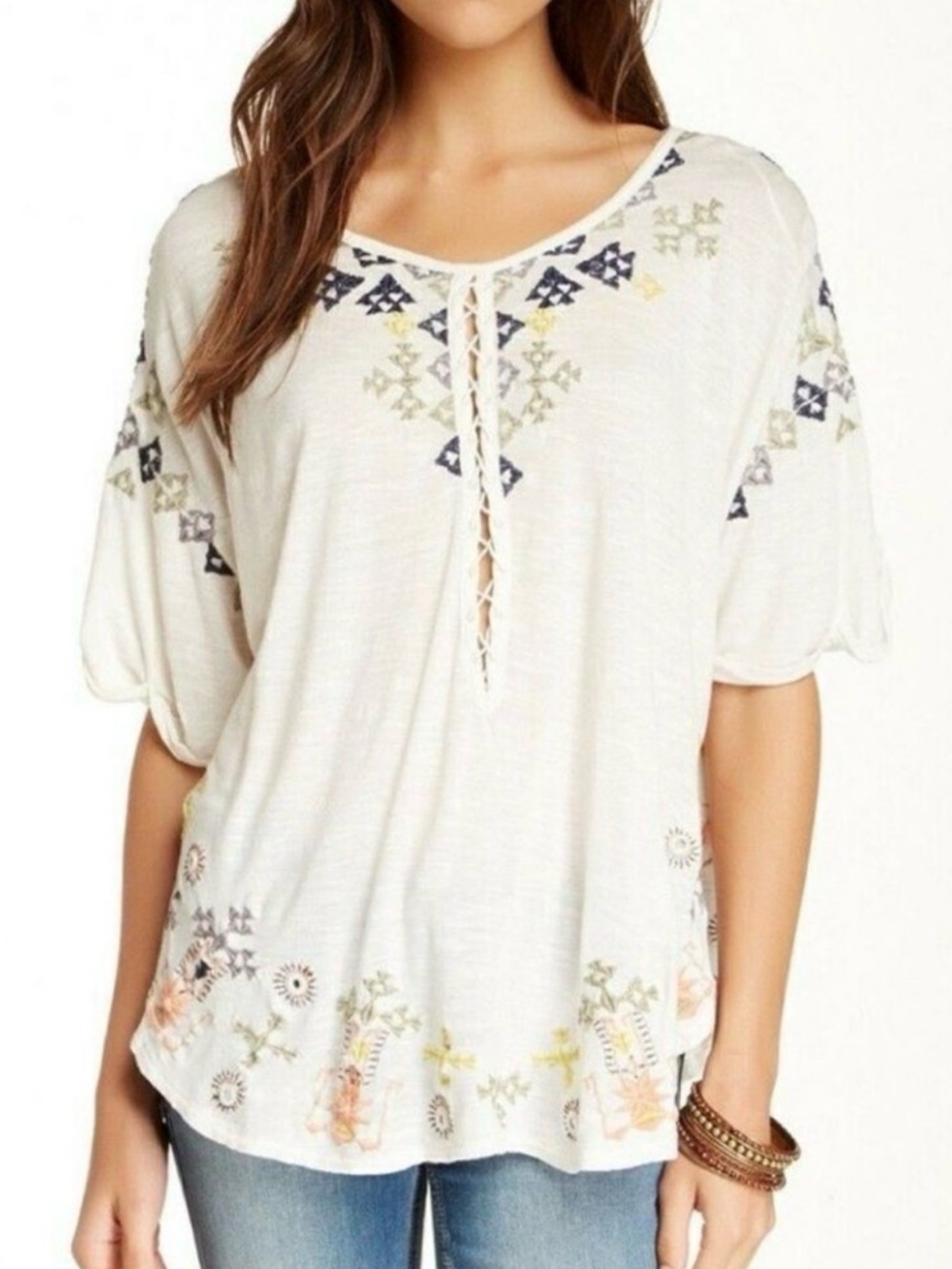 Free People Boho Embroidered Cream Lace-Up Women's Top